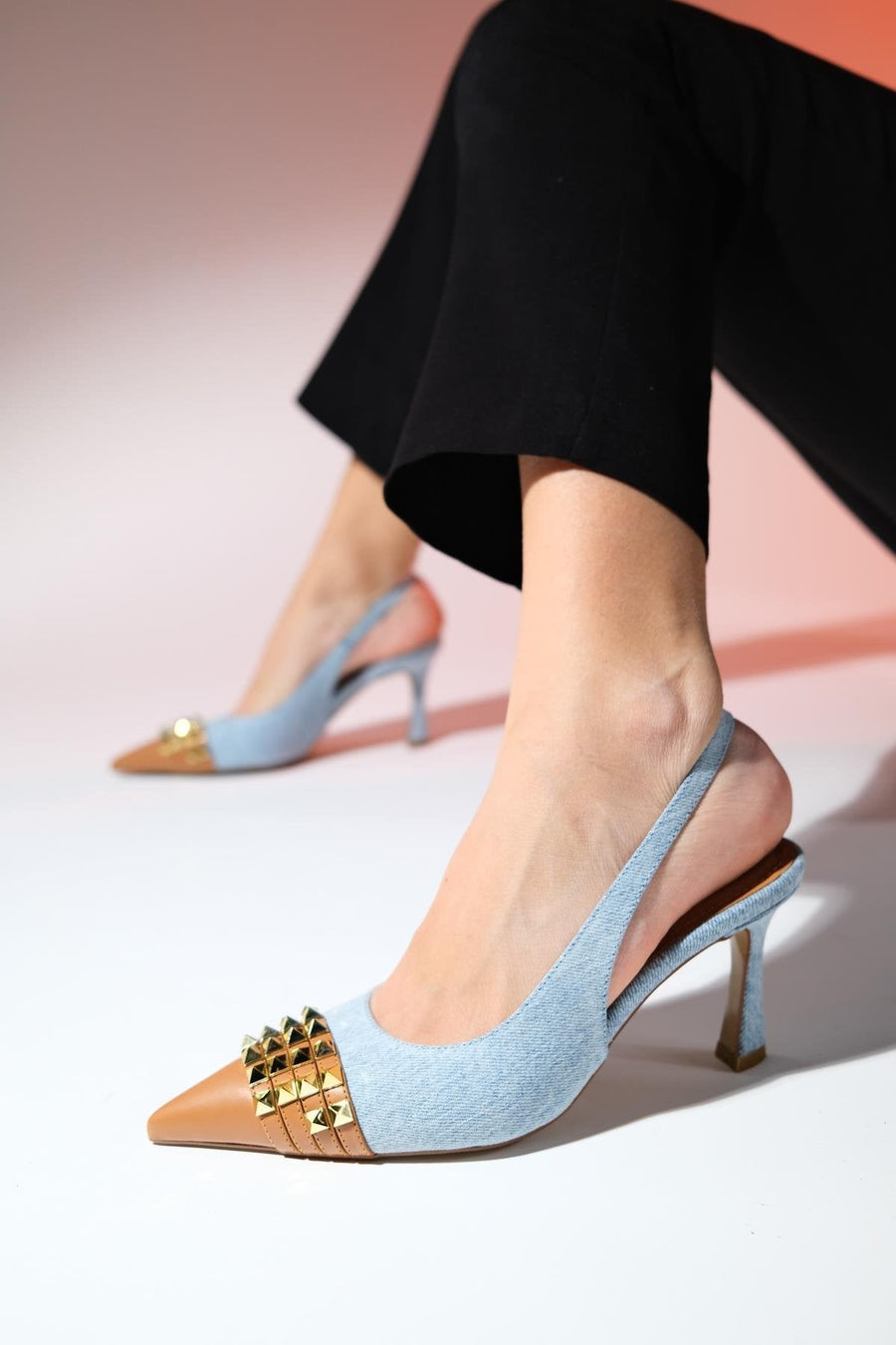 Aella - Denim Blue & Cognac Pointed Toe High Heel Shoe