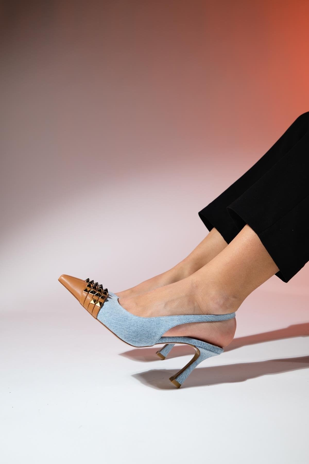 Aella - Denim Blue & Cognac Pointed Toe High Heel Shoe – heel view showing leather, blue, Vowalisse