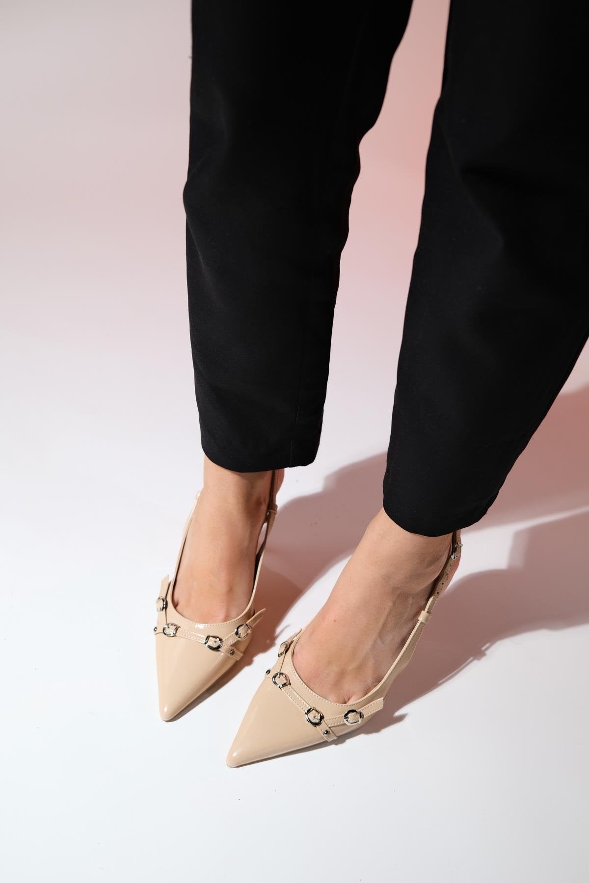 Faroe - Beige Patent Pointed Toe High Heel Pump – side view showing leather, Vowalisse