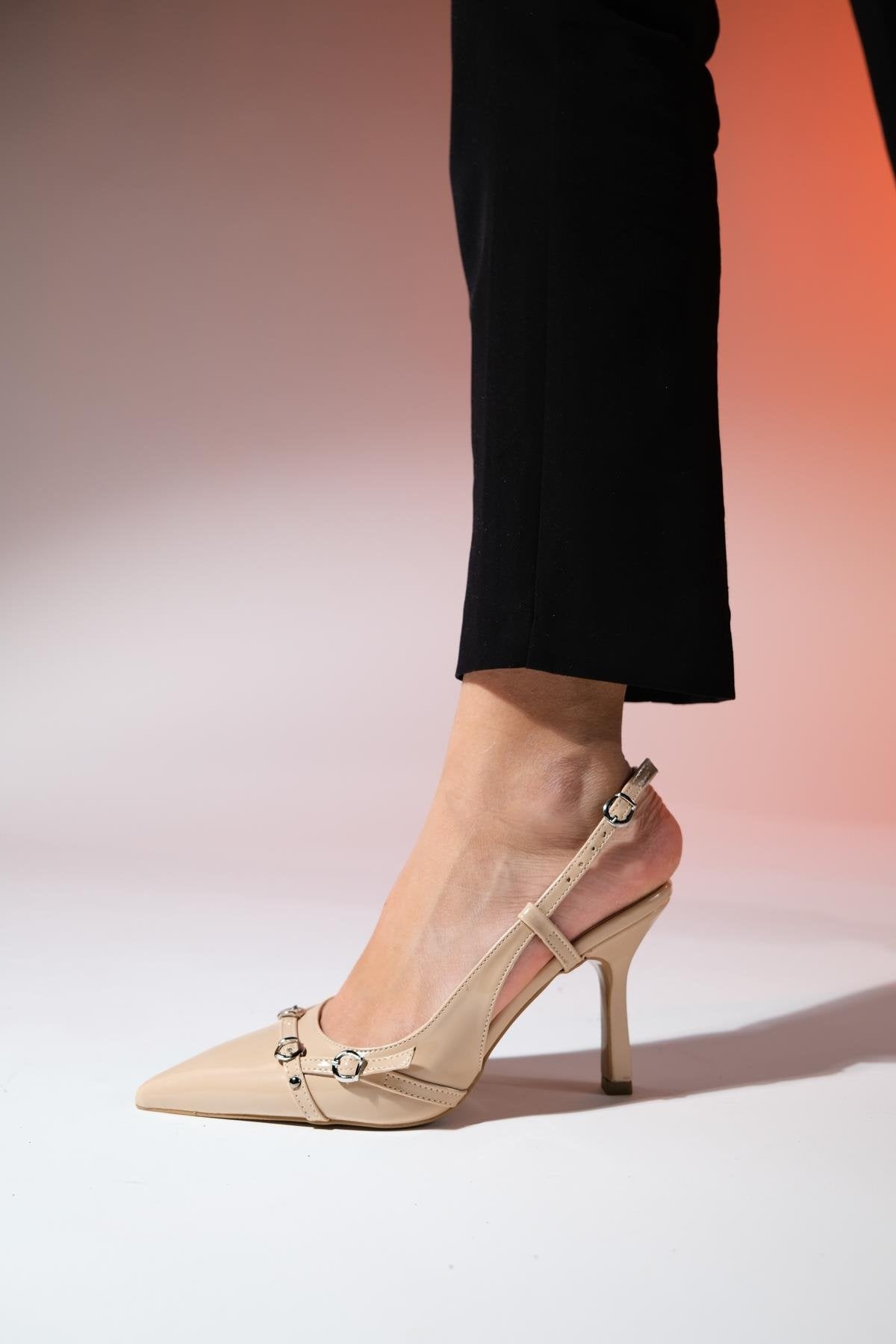 Faroe - Beige Patent Pointed Toe High Heel Pump – detail view showing leather, Vowalisse
