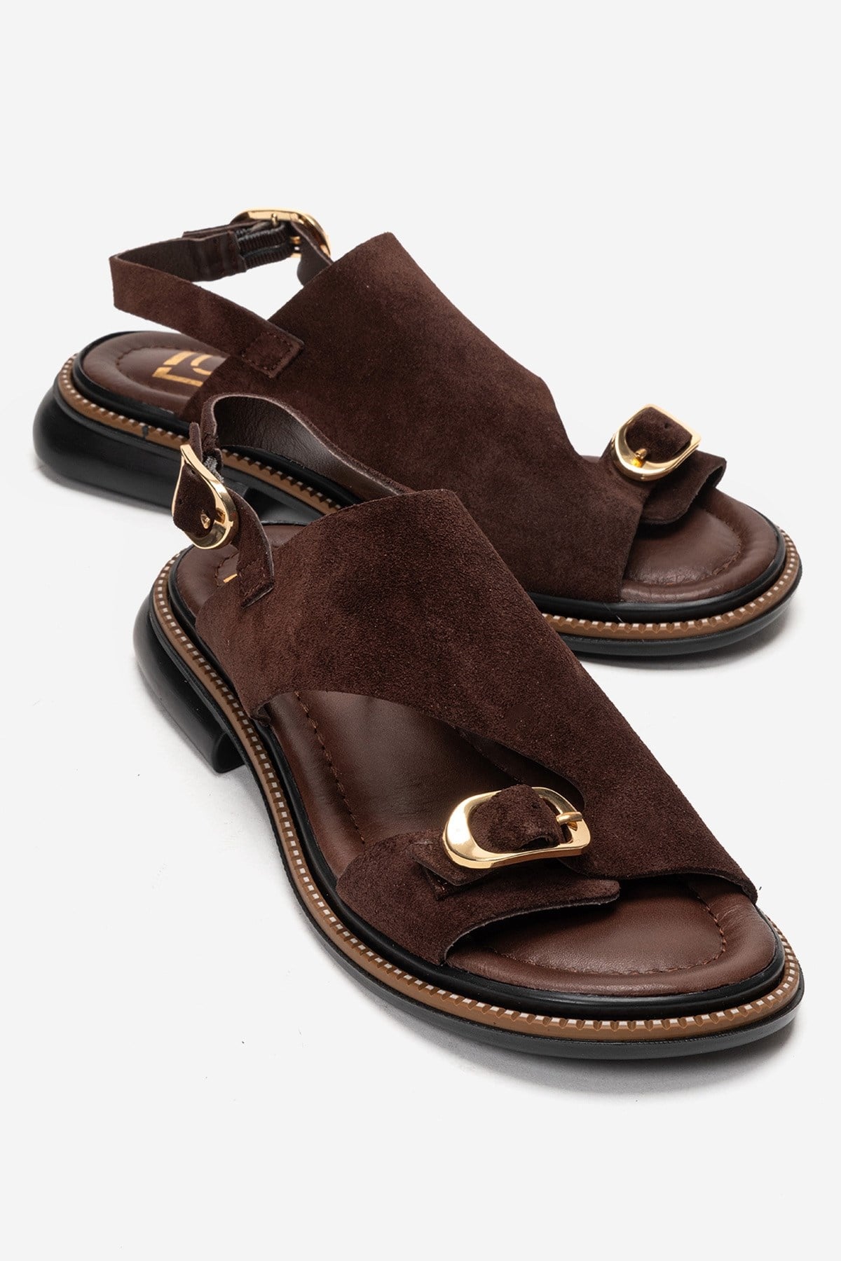 CRUEL - Cognac Genuine Leather Sandal – front three-quarter view showing leather, suede, Vowalisse