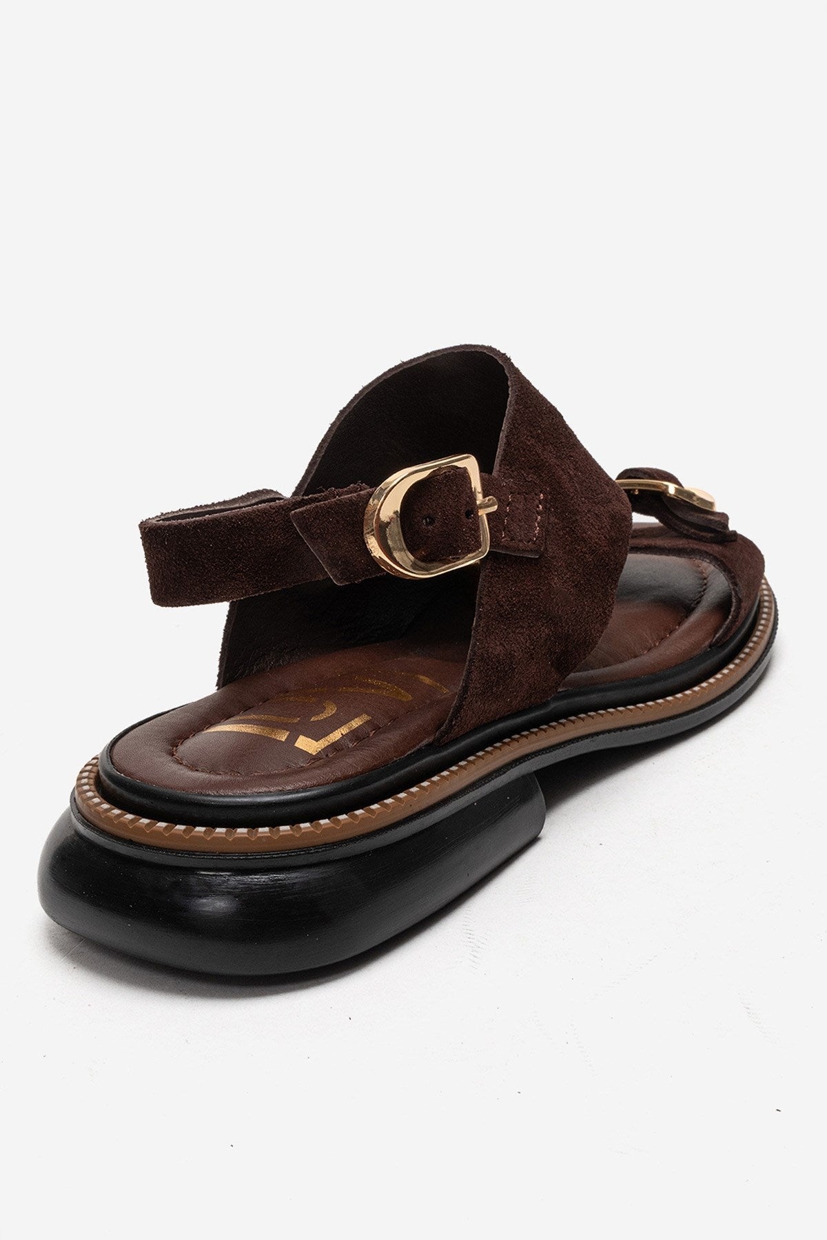 CRUEL - Cognac Genuine Leather Sandal – back view showing leather, suede, Vowalisse