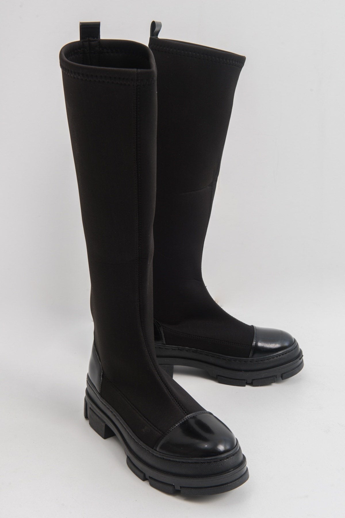 Bella Black Scuba Boot – front three-quarter view showing leather, black, Vowalisse