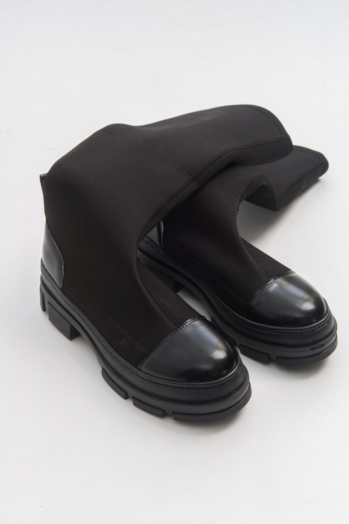 Bella Black Scuba Boot – pair view showing leather, black, Vowalisse