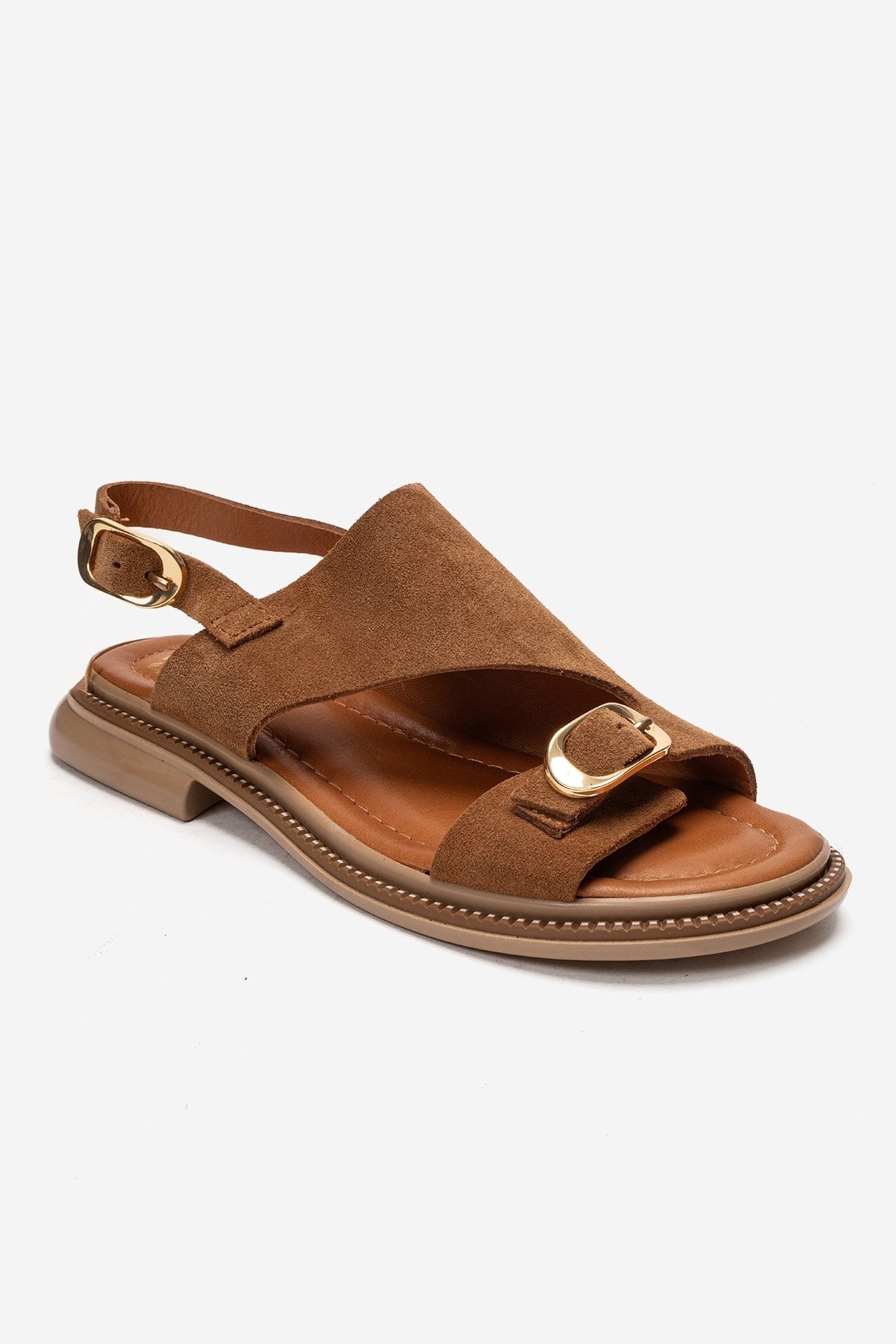 CRUEL - Camel Genuine Leather Sandal – detail view showing leather, suede, Vowalisse