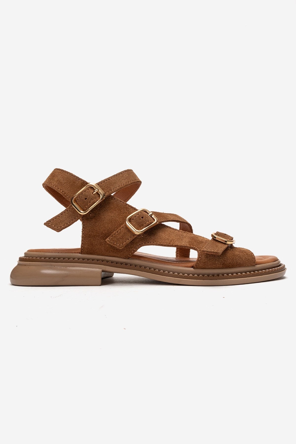 MOREZ - Camel Genuine Leather Sandal – heel view showing leather, suede, Vowalisse