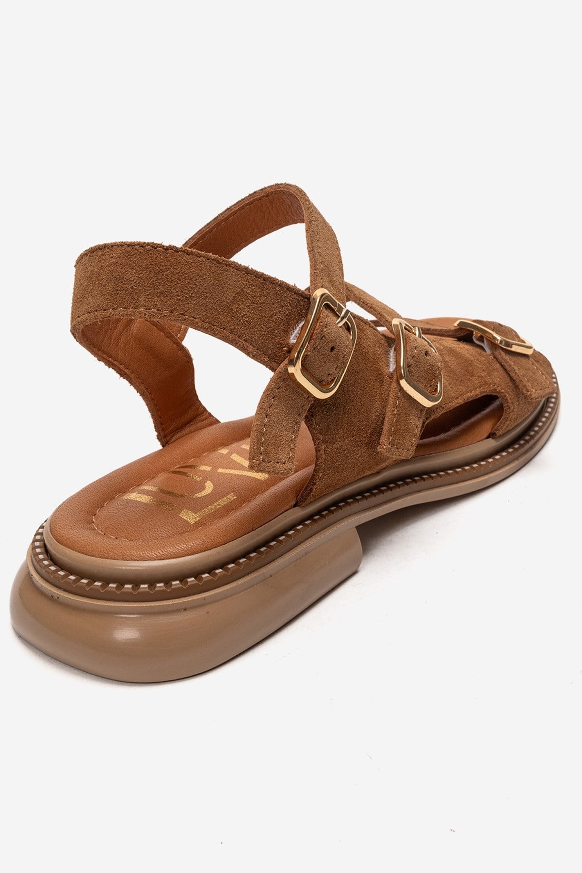 MOREZ - Camel Genuine Leather Sandal – back view showing leather, suede, Vowalisse