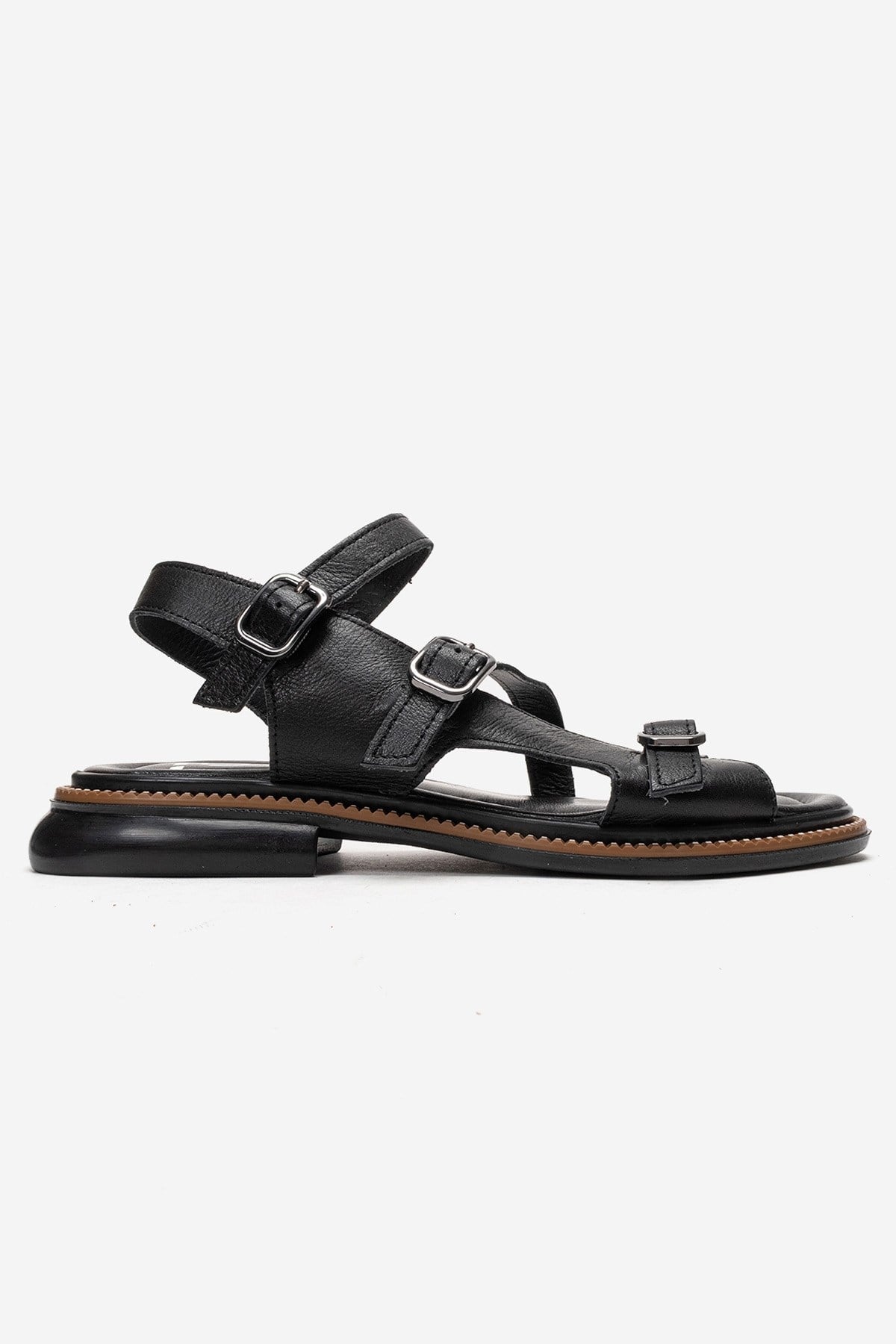 MOREZ - Black Genuine Leather Sandal – heel view showing leather, black, Vowalisse