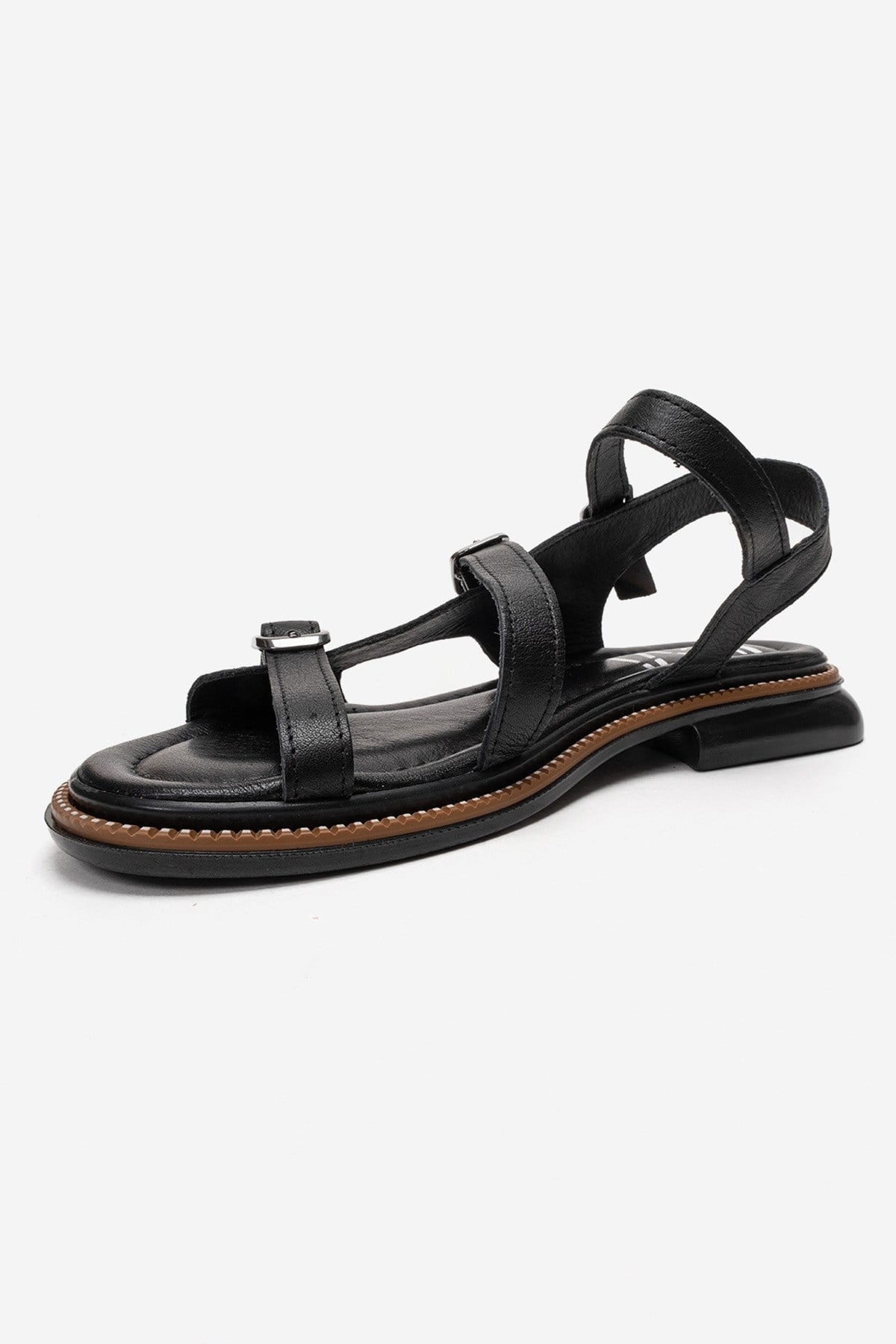 MOREZ - Black Genuine Leather Sandal – top view showing leather, black, Vowalisse