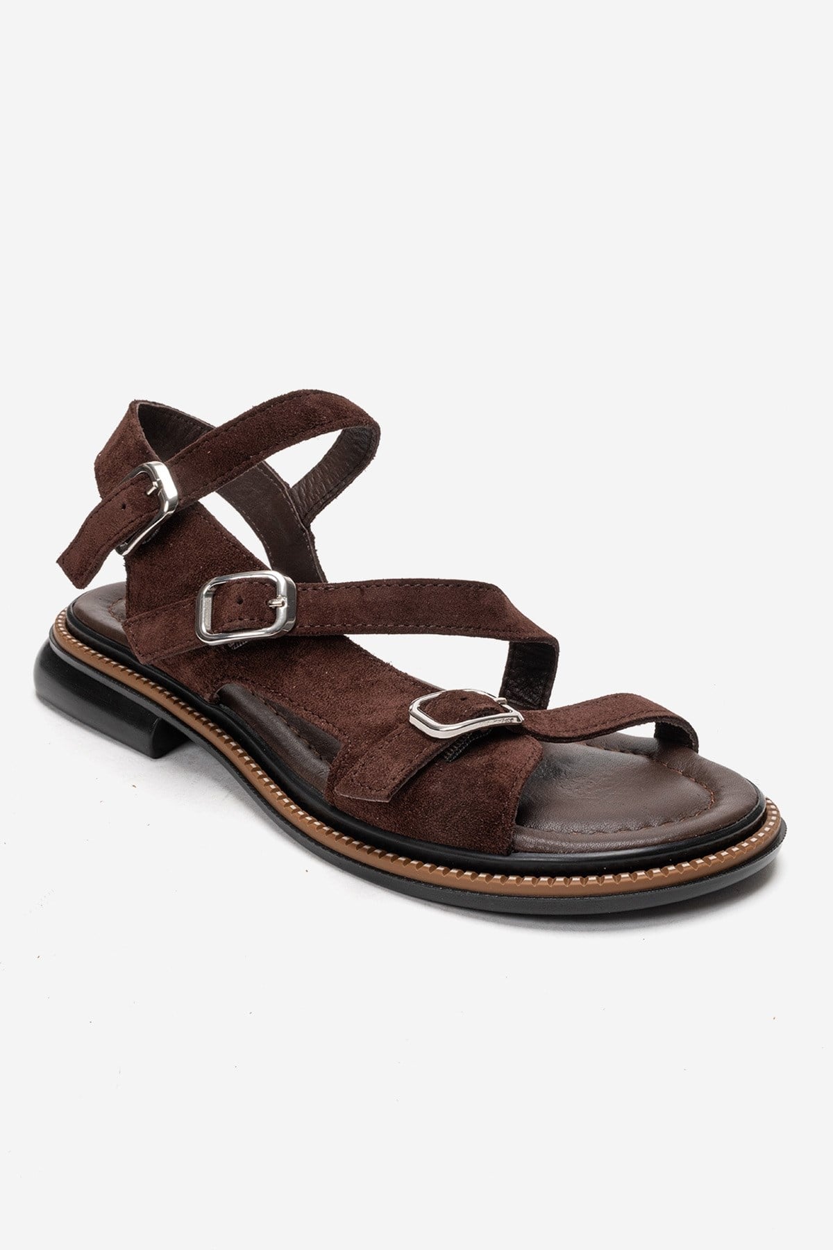 MOREZ - Brown Genuine Leather Suede Slingback Sandal – detail view showing leather, suede, metallic, Vowalisse