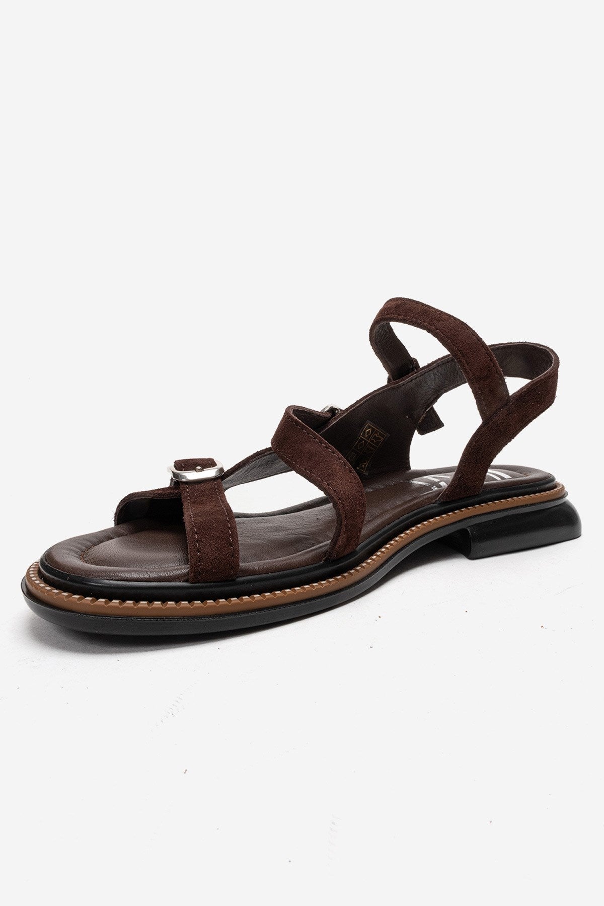 MOREZ - Brown Genuine Leather Suede Slingback Sandal – top view showing leather, suede, metallic, Vowalisse