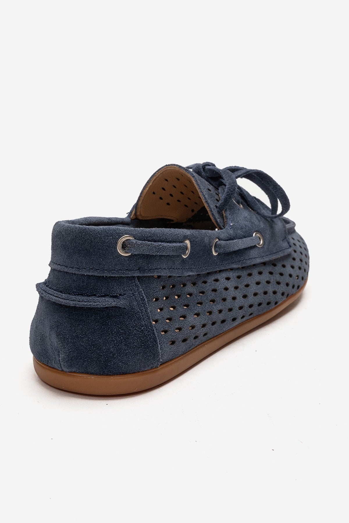 Stevo - Denim Blue Genuine Leather Perforated Lace-Up Loafer – back view showing lace, leather, suede, Vowalisse