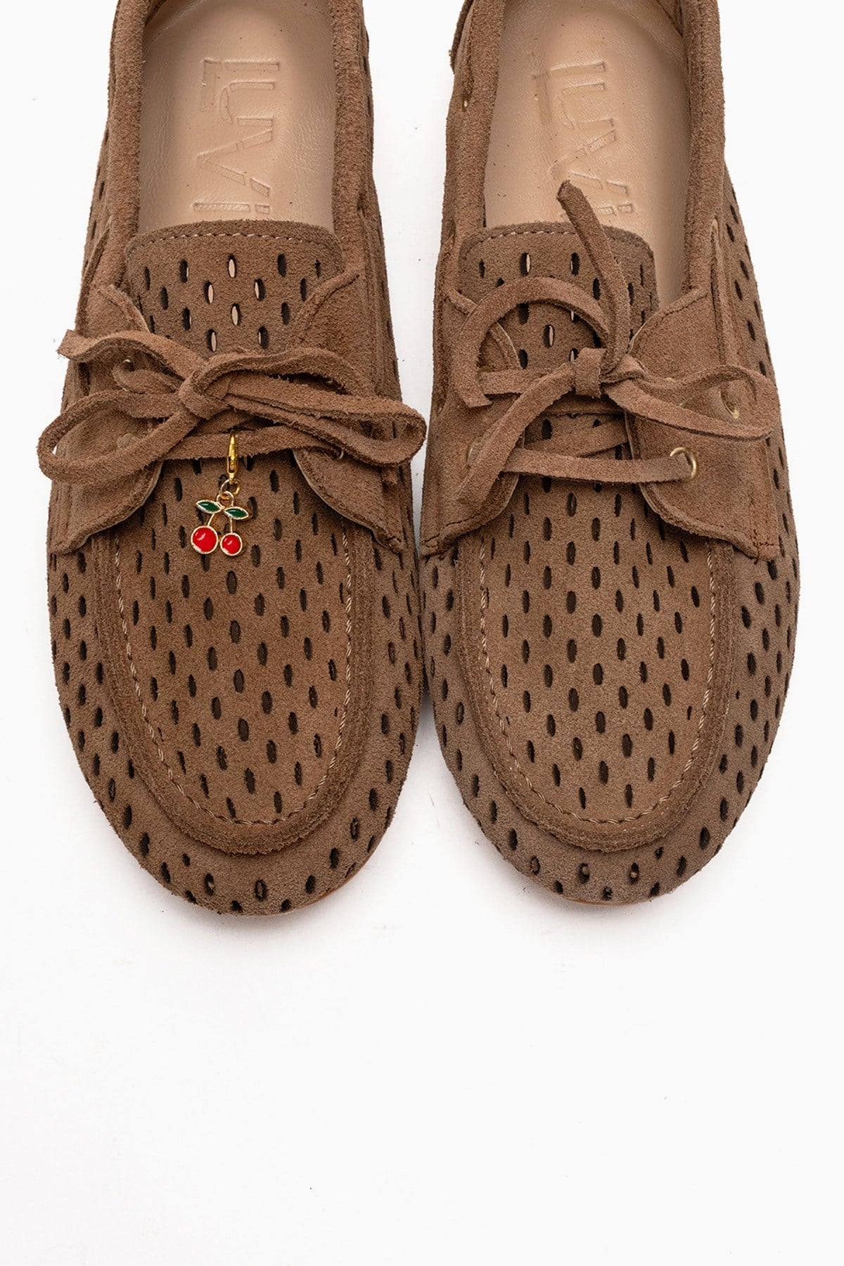 Stevo - Taupe Genuine Leather Perforated Lace-Up Loafer – side view showing lace, leather, suede, Vowalisse