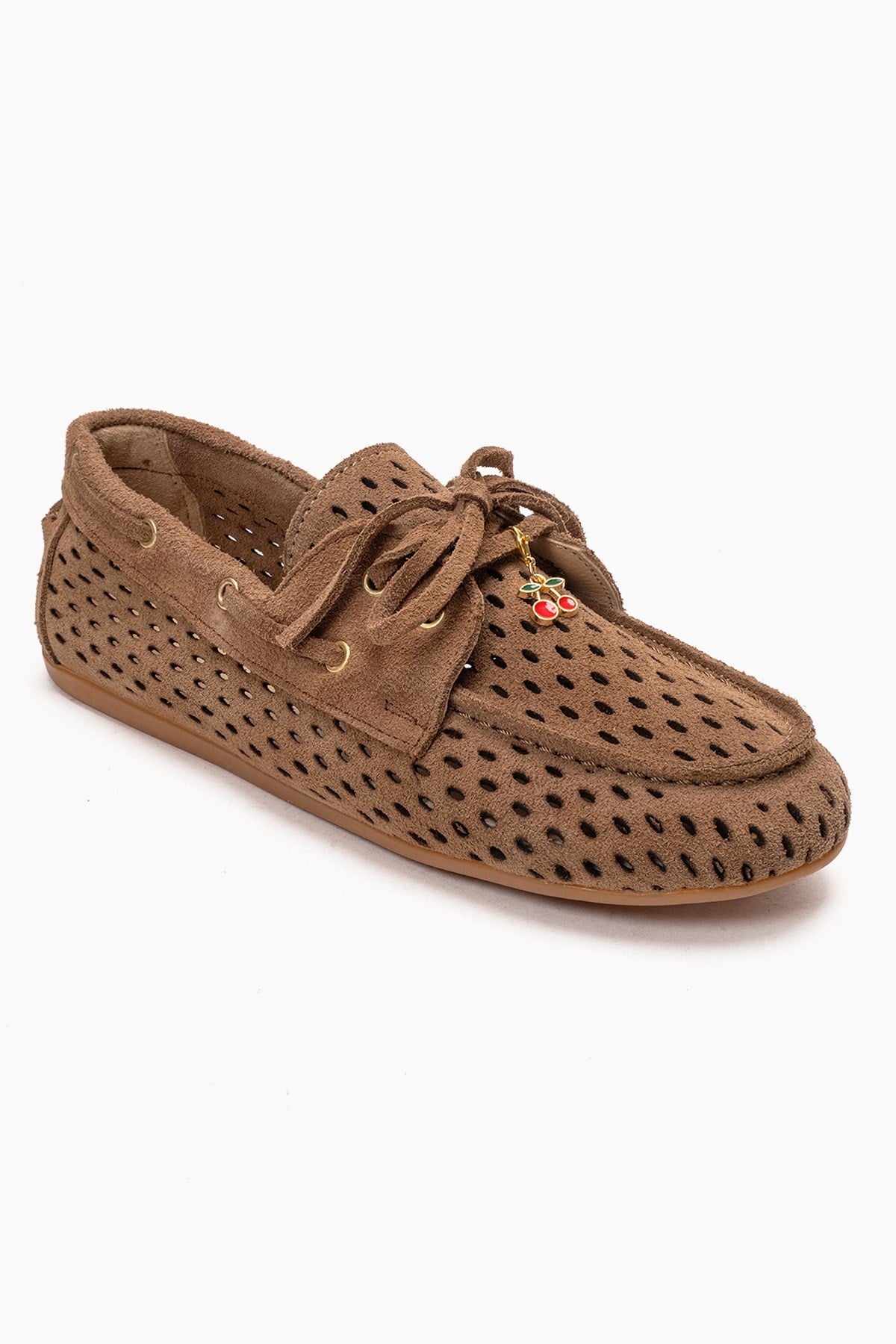 Stevo - Taupe Genuine Leather Perforated Lace-Up Loafer – detail view showing lace, leather, suede, Vowalisse