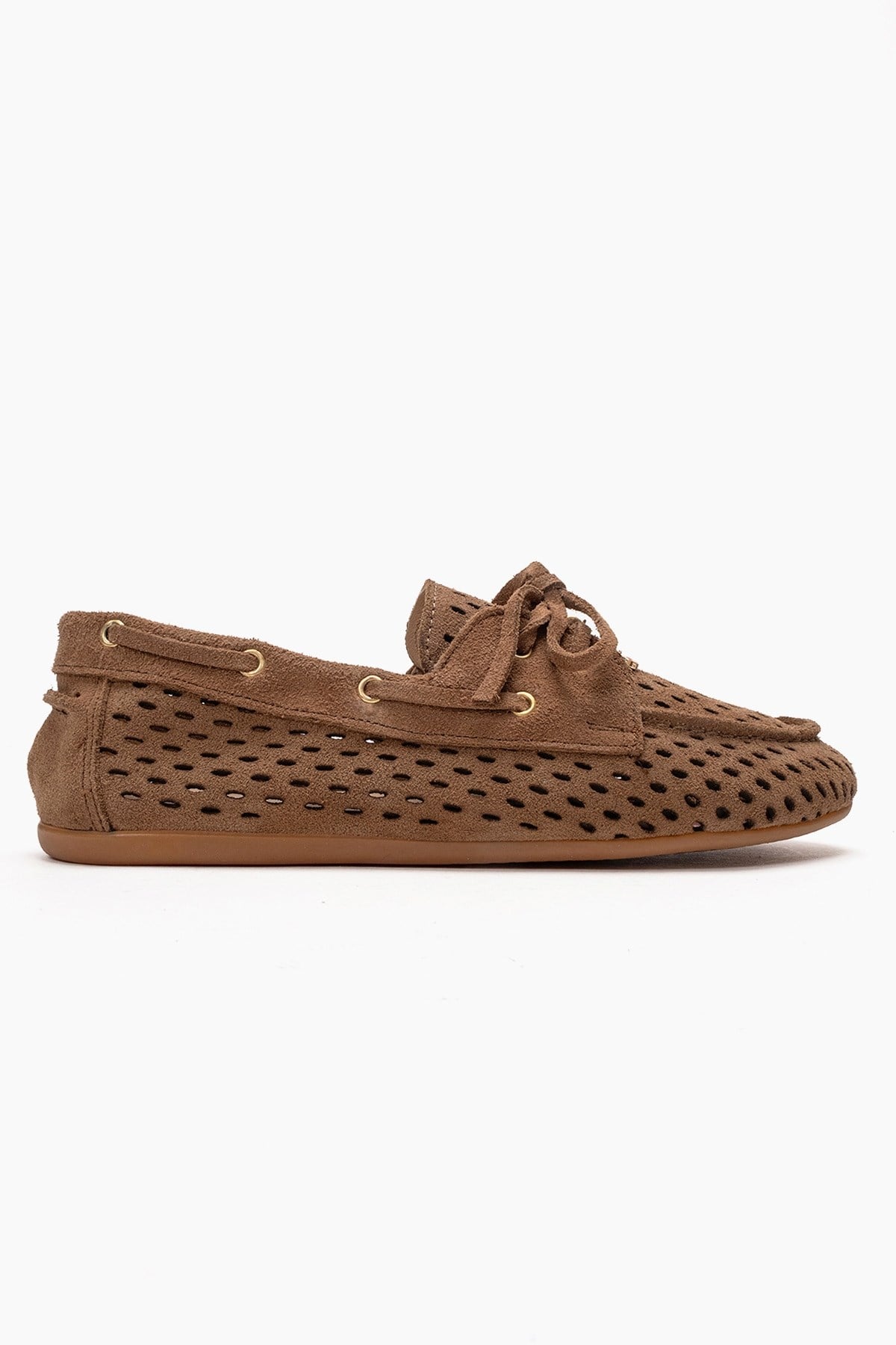 Stevo - Taupe Genuine Leather Perforated Lace-Up Loafer – heel view showing lace, leather, suede, Vowalisse