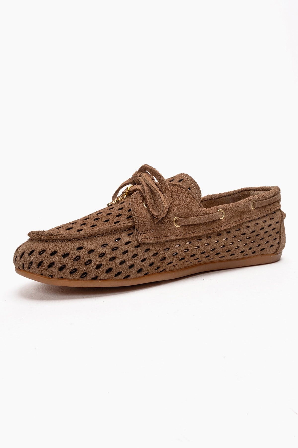 Stevo - Taupe Genuine Leather Perforated Lace-Up Loafer – top view showing lace, leather, suede, Vowalisse