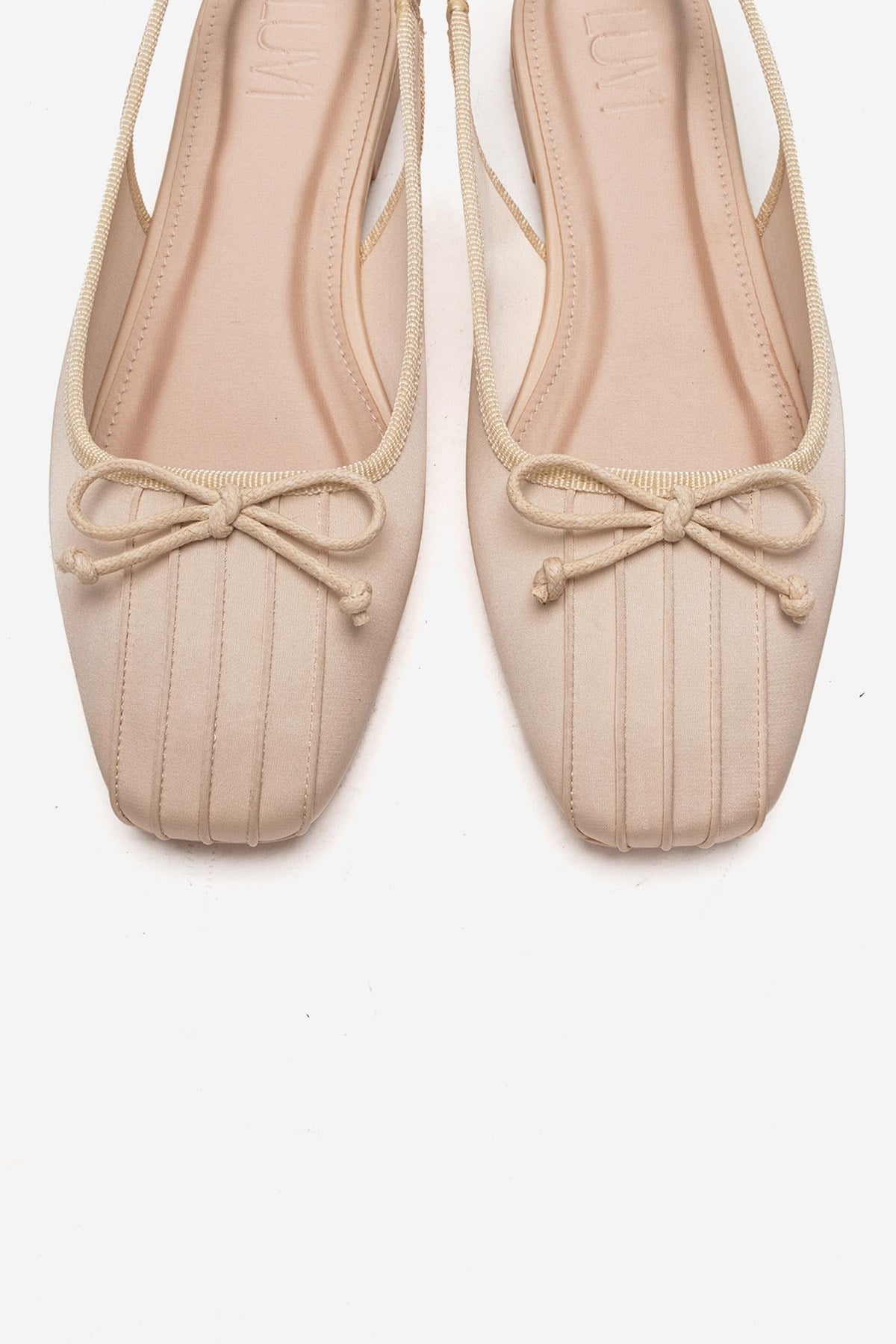 Zelvia - Beige Satin Bow Slingback Ballet Flat – side view showing bow, satin, Vowalisse