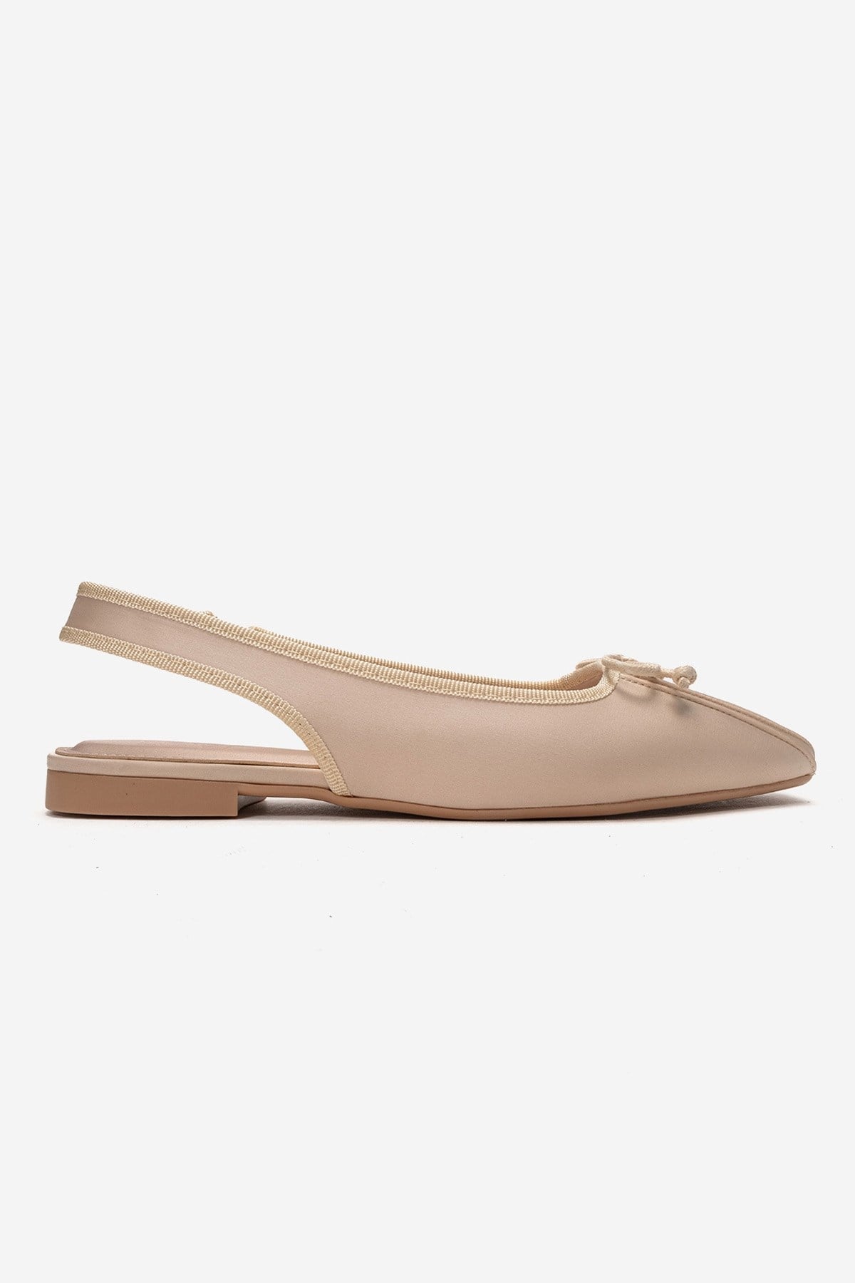 Zelvia - Beige Satin Bow Slingback Ballet Flat – heel view showing bow, satin, Vowalisse
