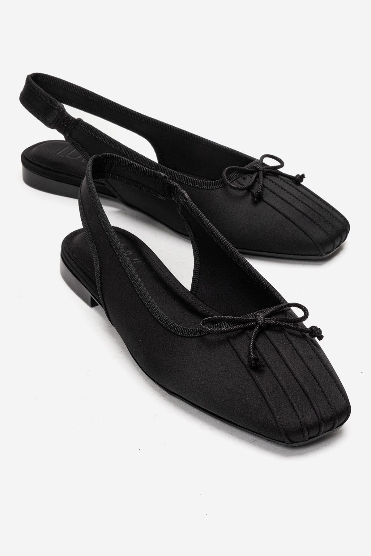 Zelvia - Black Satin Bow Slingback Ballet Flat – front three-quarter view showing bow, satin, black, Vowalisse