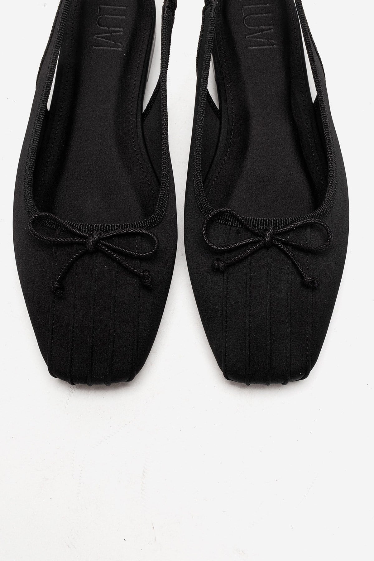 Zelvia - Black Satin Bow Slingback Ballet Flat – side view showing bow, satin, black, Vowalisse
