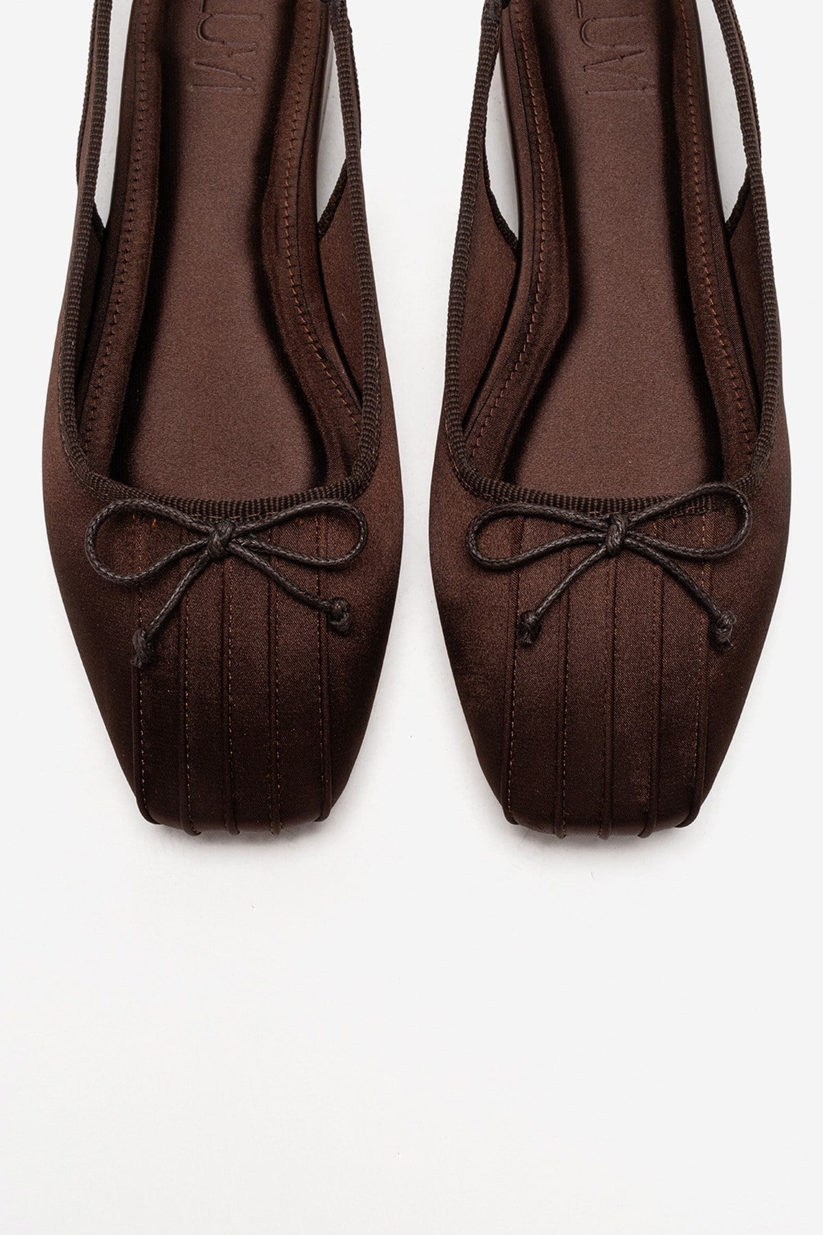 Zelvia - Brown Satin Bow Slingback Ballet Flat – front three-quarter view showing bow, satin, Vowalisse