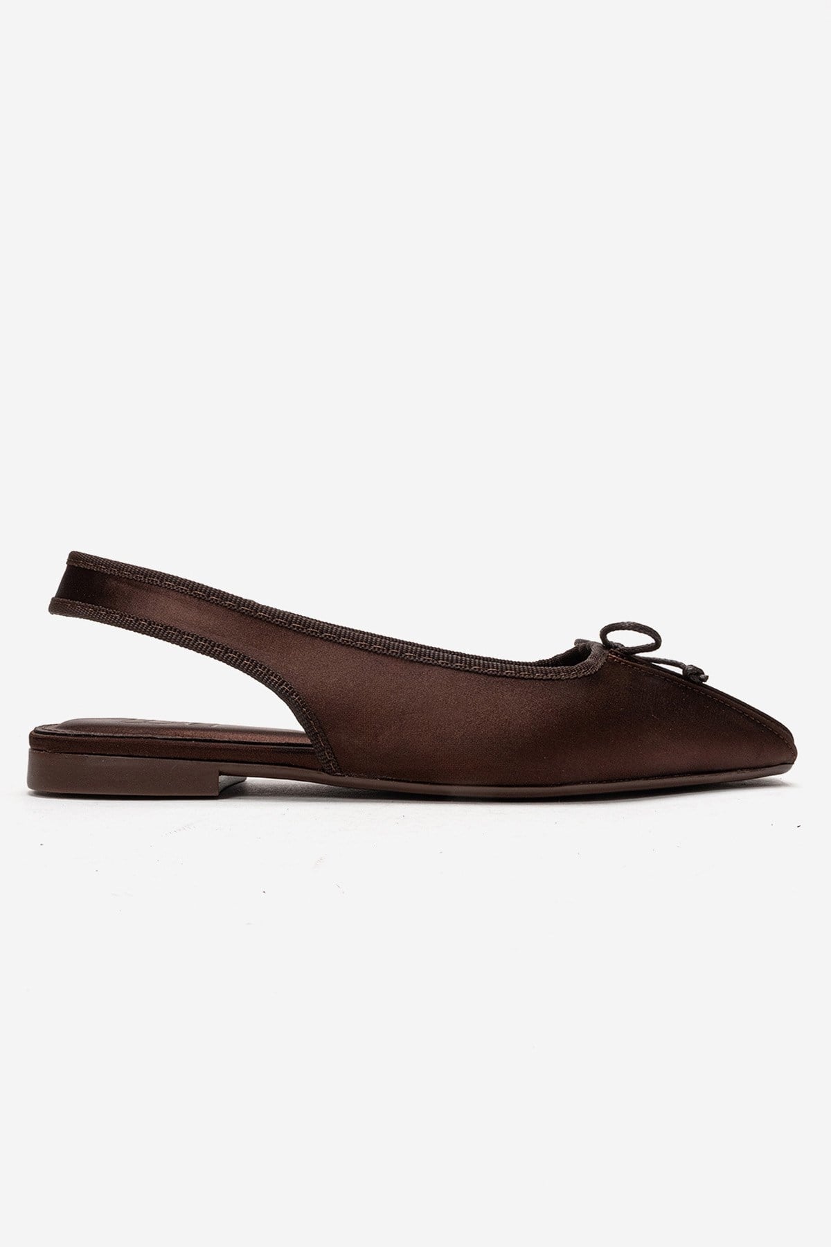Zelvia - Brown Satin Bow Slingback Ballet Flat – detail view showing bow, satin, Vowalisse