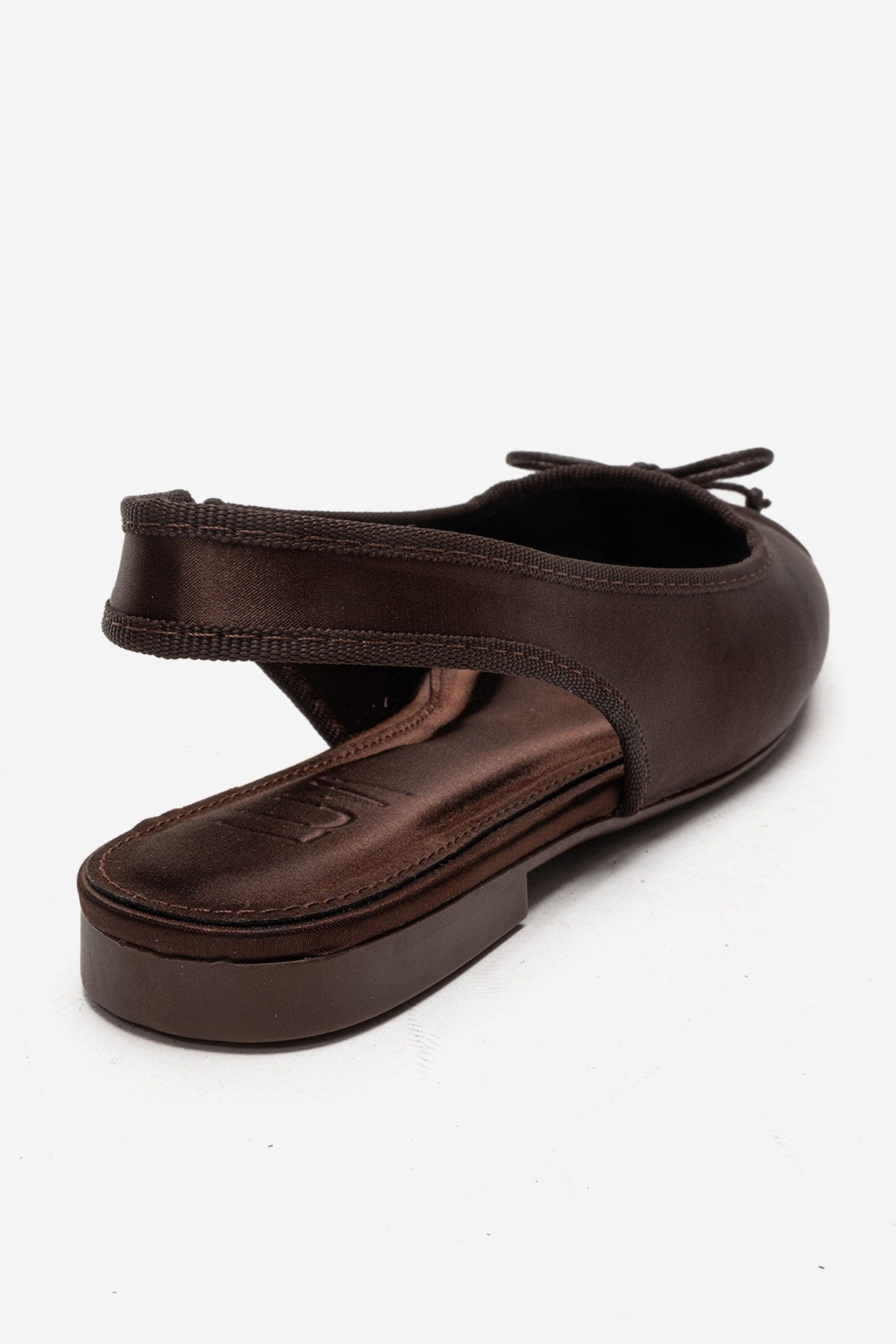 Zelvia - Brown Satin Bow Slingback Ballet Flat – heel view showing bow, satin, Vowalisse