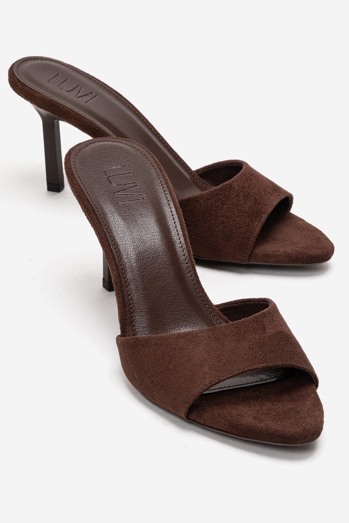 Varelan - Brown Suede Heeled Mule – front three-quarter view showing leather, suede, Vowalisse