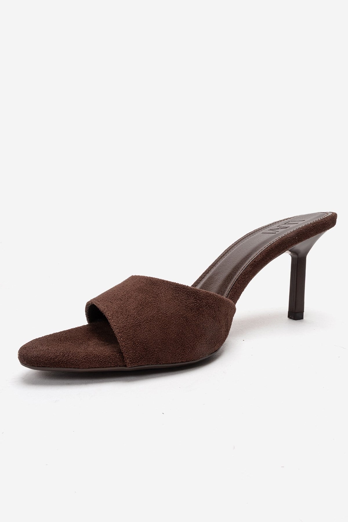 Varelan - Brown Suede Heeled Mule – top view showing leather, suede, Vowalisse