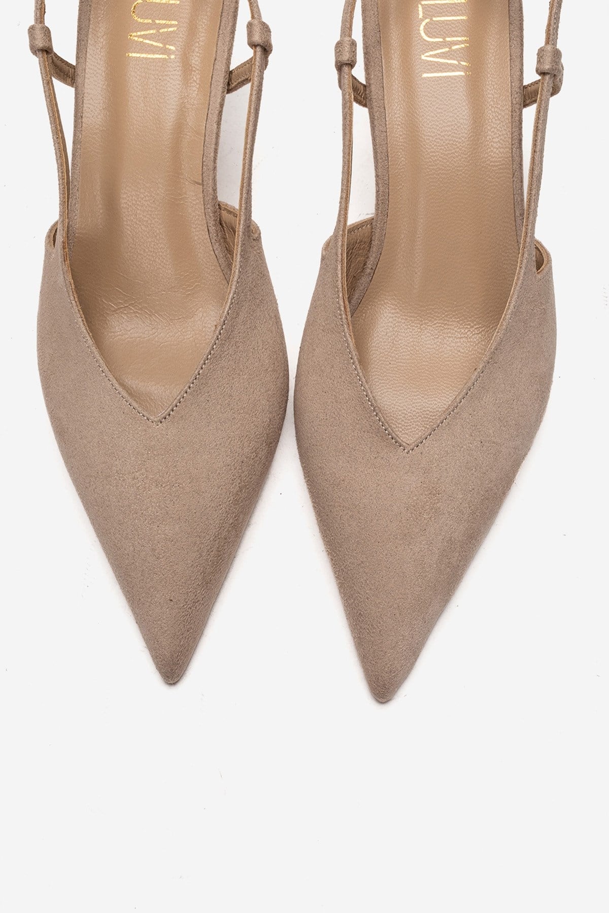 Irena - Beige Suede Backless Pointed Toe Stiletto Pump, Genuine Leathe – side view showing leather, suede, Vowalisse