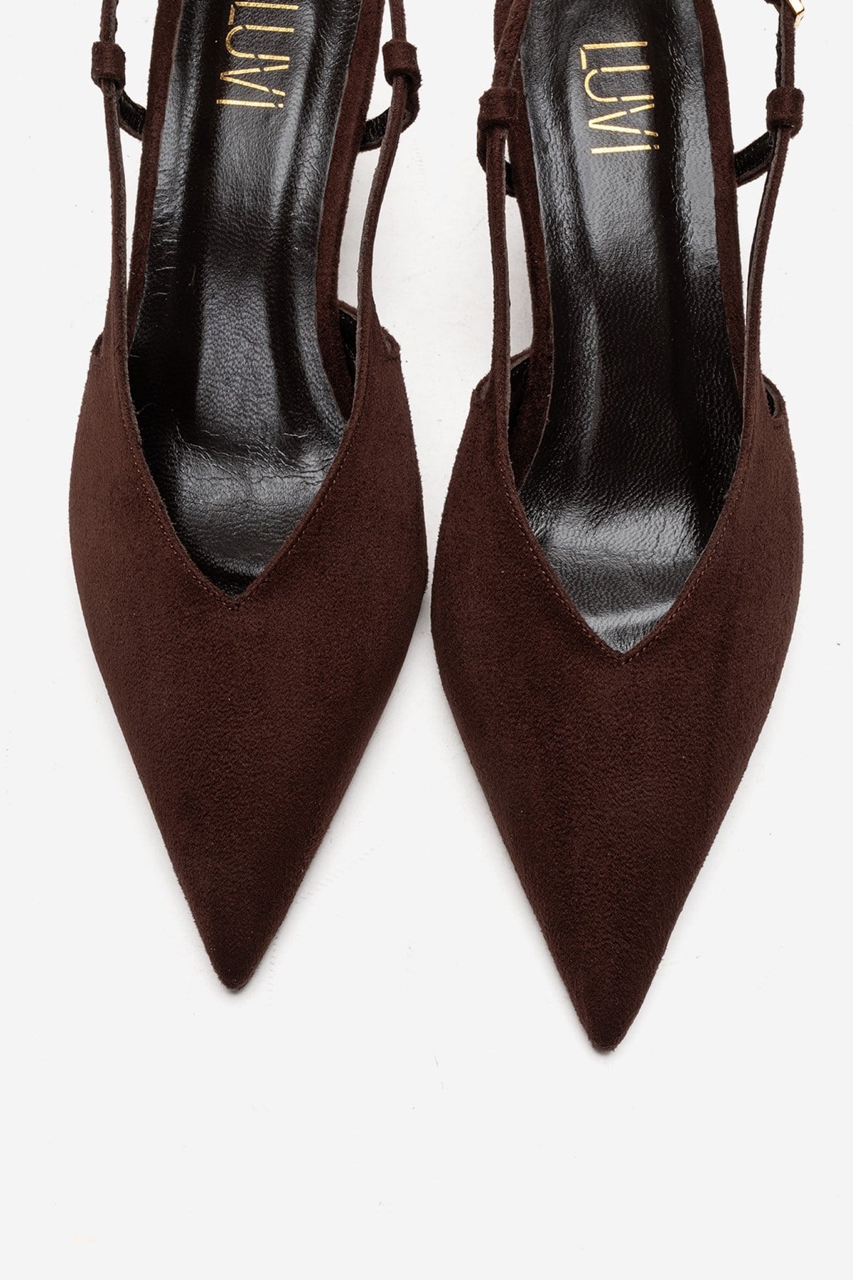 Irena - Brown Genuine Leather Pointed Slingback Stiletto Pump – side view showing leather, suede, Vowalisse