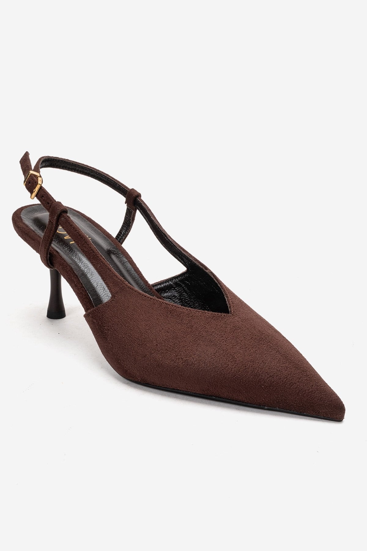 Irena - Brown Genuine Leather Pointed Slingback Stiletto Pump – detail view showing leather, suede, Vowalisse