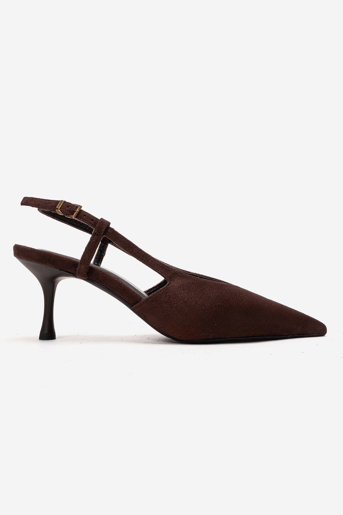 Irena - Brown Genuine Leather Pointed Slingback Stiletto Pump – heel view showing leather, suede, Vowalisse