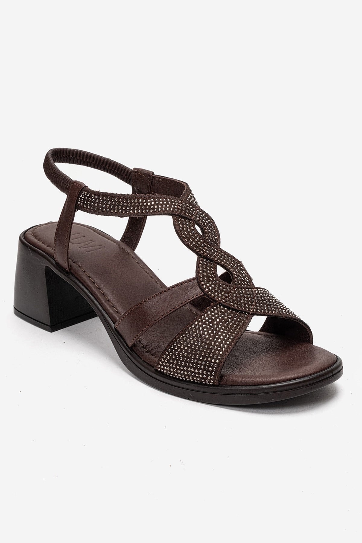 Dolen - Brown Genuine Leather Jeweled Block Heel Sandal – detail view showing leather, Vowalisse