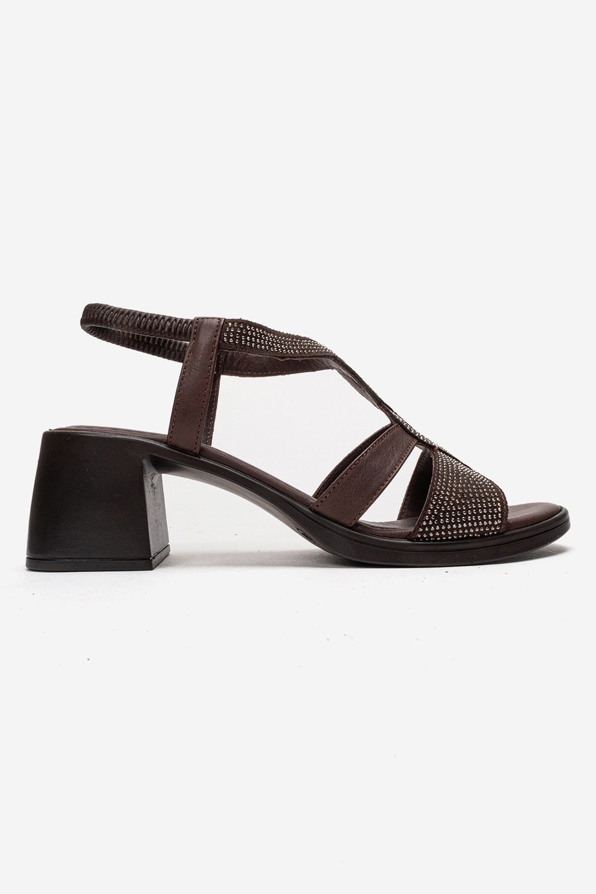 Dolen - Brown Genuine Leather Jeweled Block Heel Sandal – heel view showing leather, Vowalisse