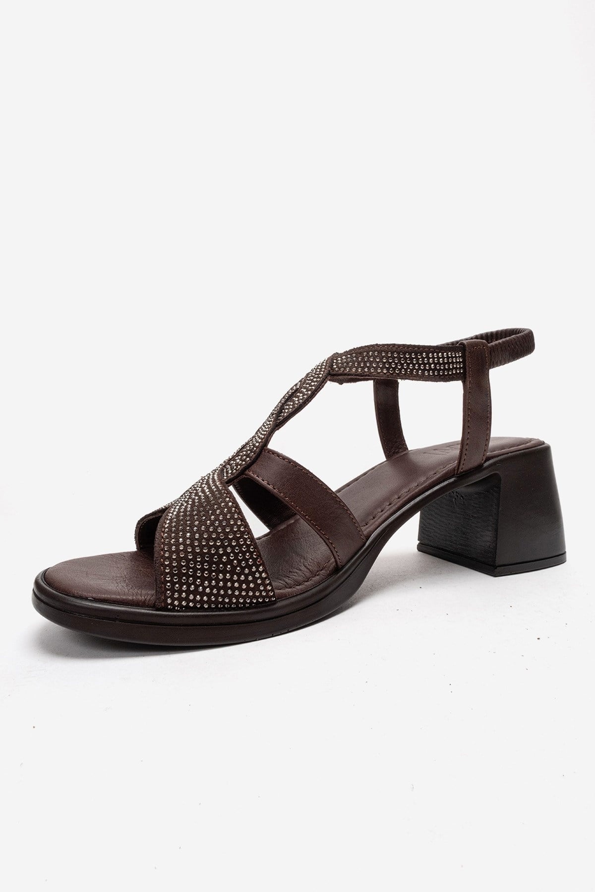 Dolen - Brown Genuine Leather Jeweled Block Heel Sandal – top view showing leather, Vowalisse