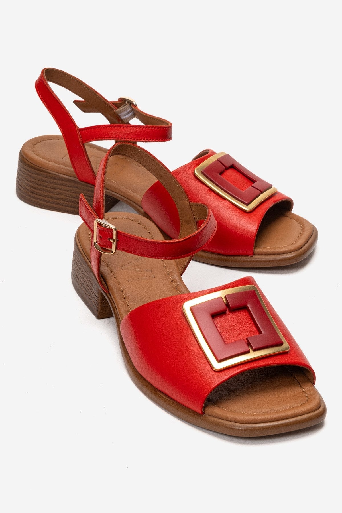 Svelte - Red Genuine Leather Buckled Sandal – front three-quarter view showing leather, red, Vowalisse