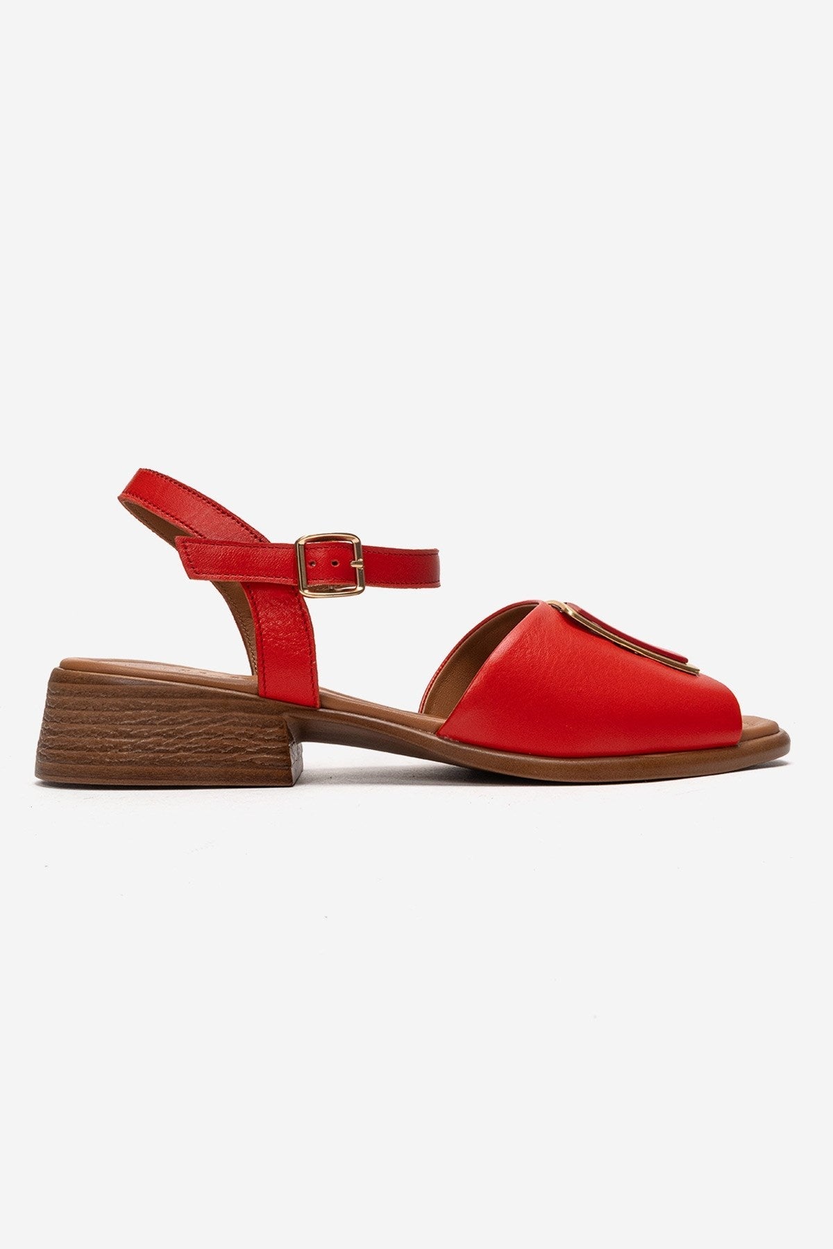 Svelte - Red Genuine Leather Buckled Sandal – heel view showing leather, red, Vowalisse