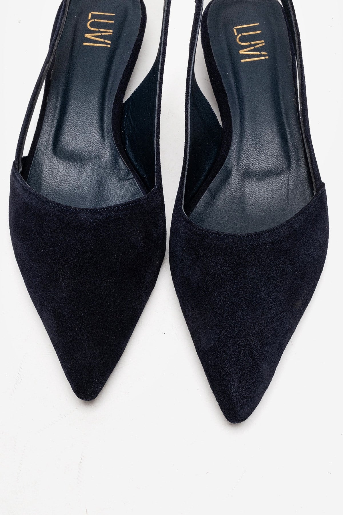 BERLINA - Navy Genuine Leather Low Block Heel Shoe – side view showing leather, suede, Vowalisse