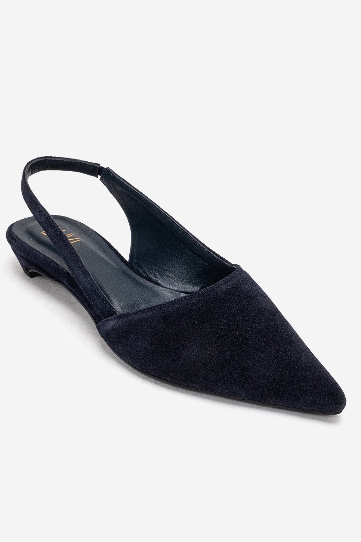 BERLINA - Navy Genuine Leather Low Block Heel Shoe – detail view showing leather, suede, Vowalisse