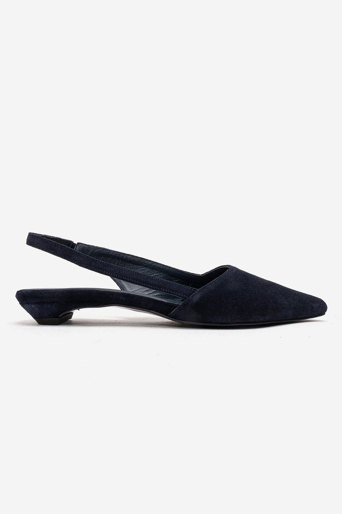 BERLINA - Navy Genuine Leather Low Block Heel Shoe – heel view showing leather, suede, Vowalisse
