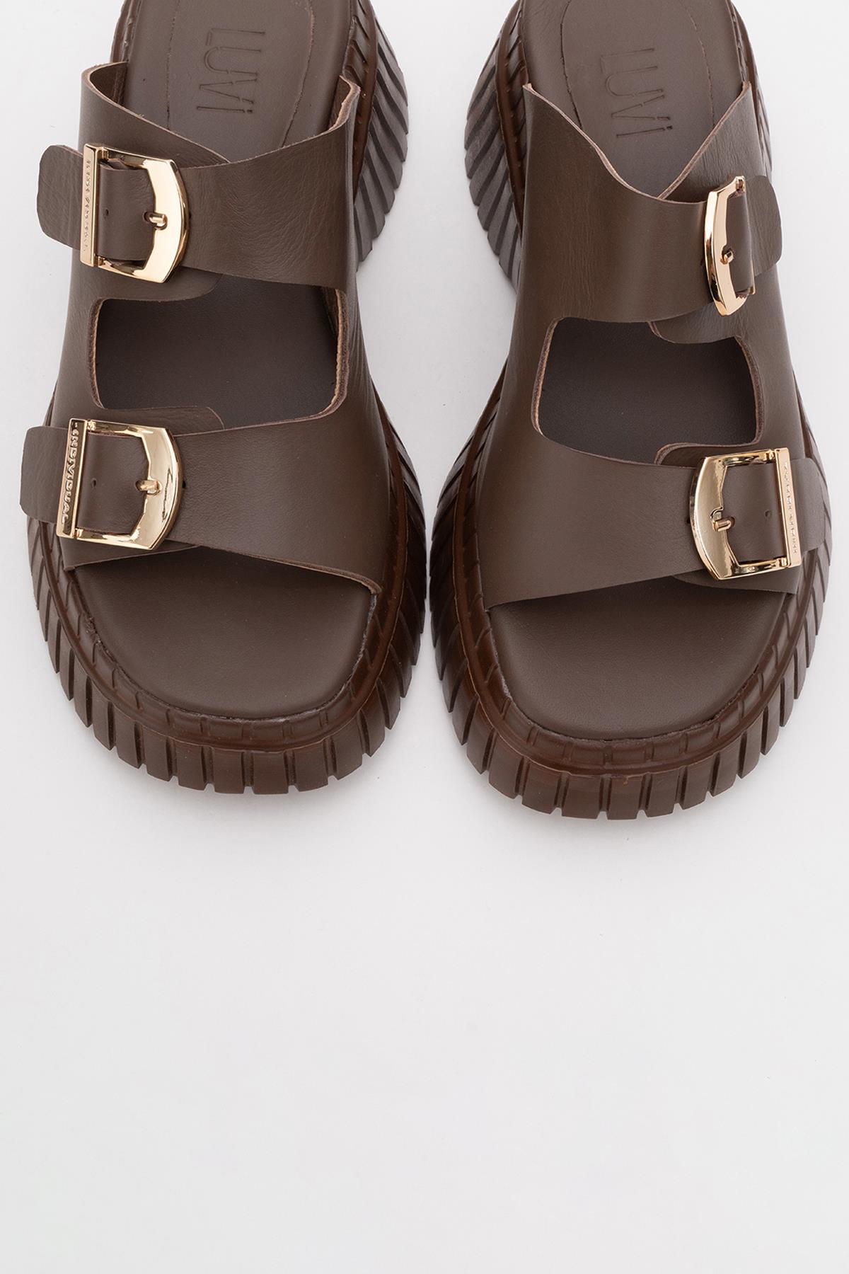 Joanes - Brown Leather Two-Strap Platform Sandal – side view showing leather, Vowalisse