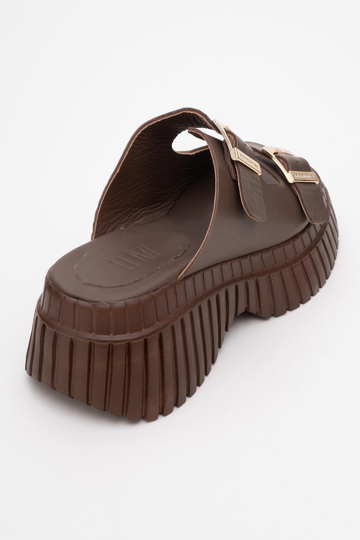 Joanes - Brown Leather Two-Strap Platform Sandal – heel view showing leather, Vowalisse