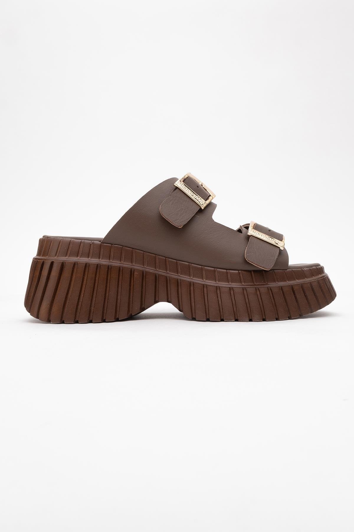 Joanes - Brown Leather Two-Strap Platform Sandal – top view showing leather, Vowalisse