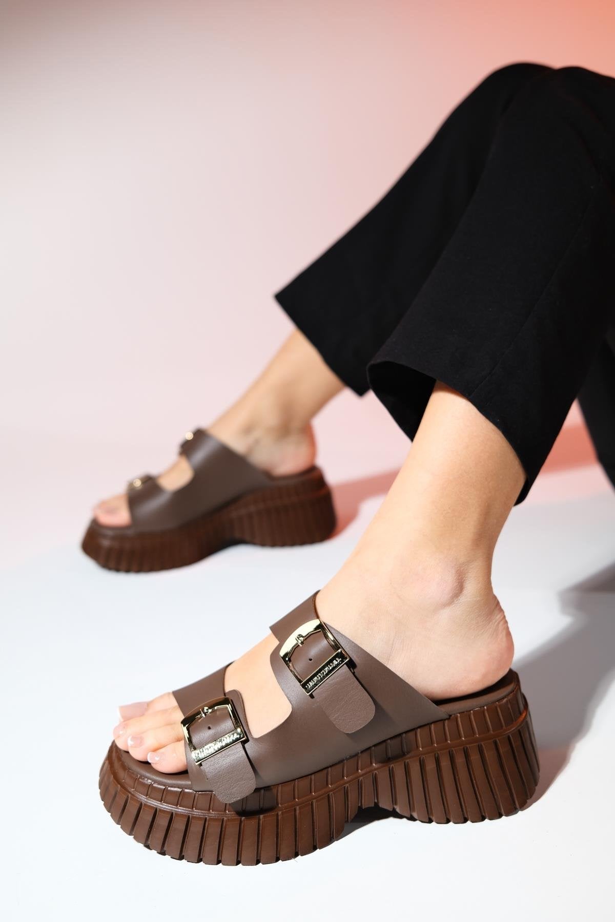 Joanes - Brown Leather Two-Strap Platform Sandal – sole view showing leather, Vowalisse