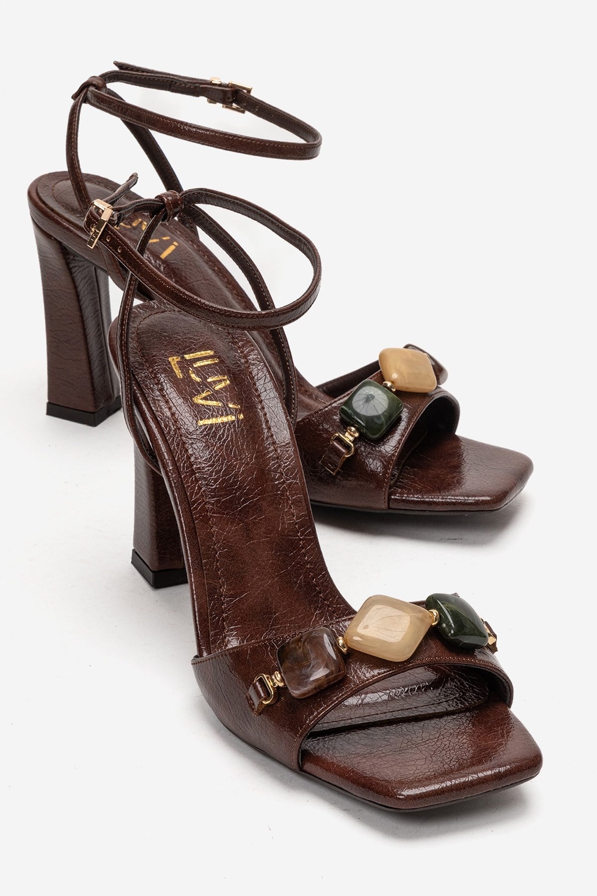 Franca - Brown Genuine Leather Block Heel Sandal – front three-quarter view showing leather, red, Vowalisse