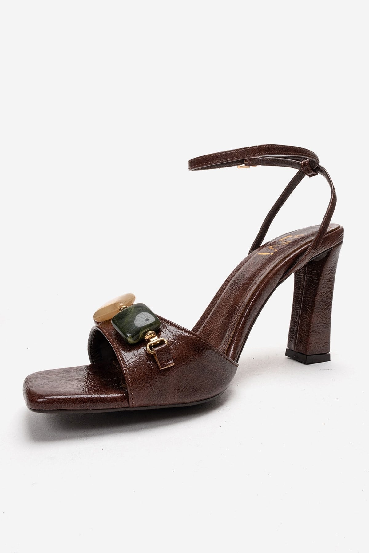 Franca - Brown Genuine Leather Block Heel Sandal – top view showing leather, red, Vowalisse