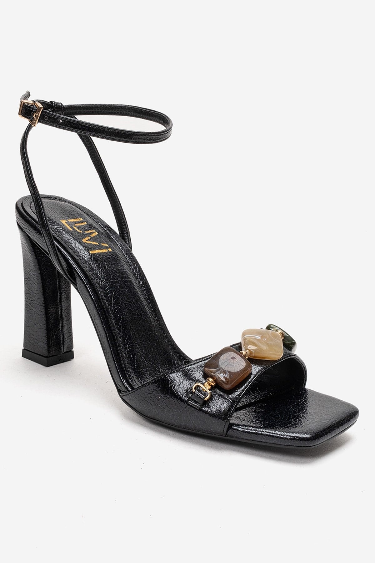 Franca - Black Genuine Leather Block Heel Sandal – detail view showing leather, black, Vowalisse