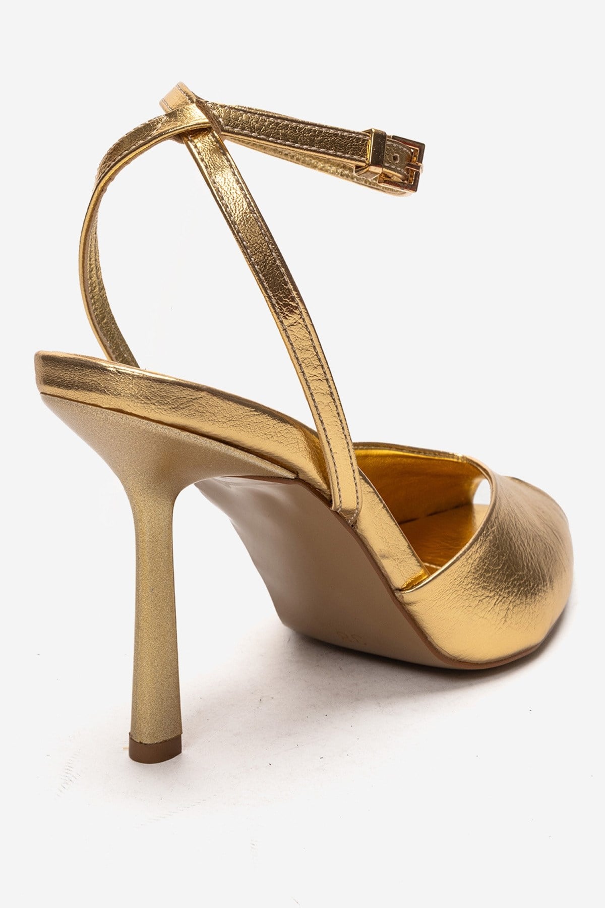 SLATE - Gold Genuine Leather Ankle-Strap Stiletto Pump – back view showing leather, metallic, gold, Vowalisse