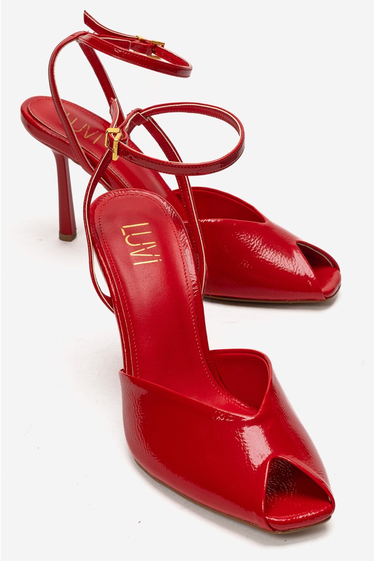 SLATE - Red Genuine Leather Ankle-Strap Stiletto Pump – front three-quarter view showing leather, red, Vowalisse